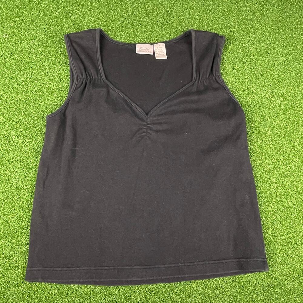 Vintage 90s Fiorlini International Black Ruched V-Neck Knit Tank Top Sz S